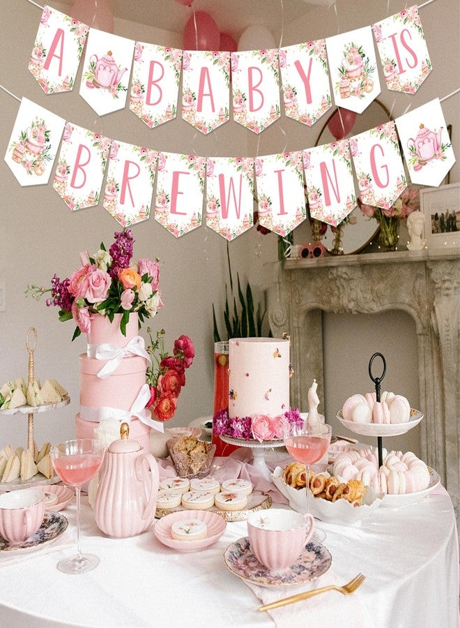 Fangleland Tea Party Baby Shower Banner for Girl - A Baby Is Brewing Tea Theme Pink Floral Banner Decorations, Girl’s Gender Reveal Pregnancy Celebration Hanging Garland Party Supplies - Image 2