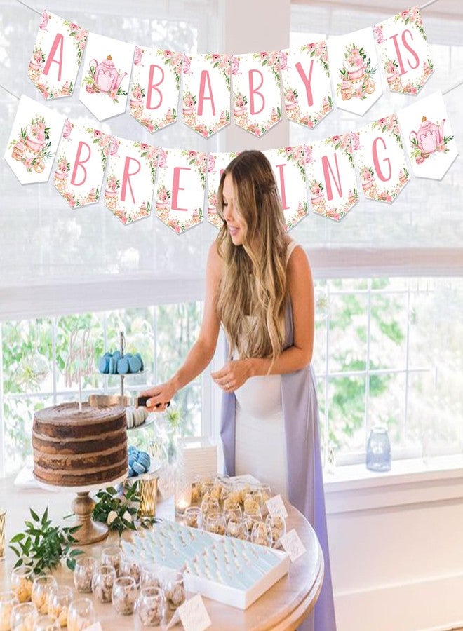 Fangleland Tea Party Baby Shower Banner for Girl - A Baby Is Brewing Tea Theme Pink Floral Banner Decorations, Girl’s Gender Reveal Pregnancy Celebration Hanging Garland Party Supplies - Image 3