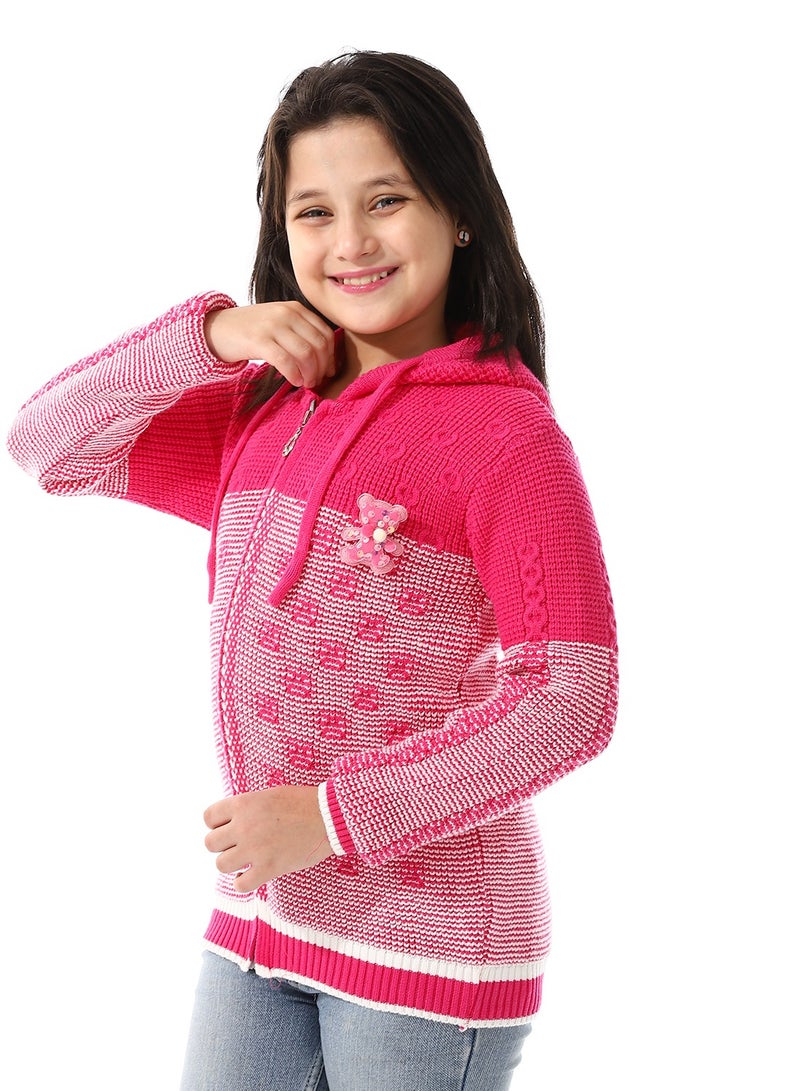 Andora Regular Fit Girls Hooded Sweater_ Fuchsia & White - Image 2