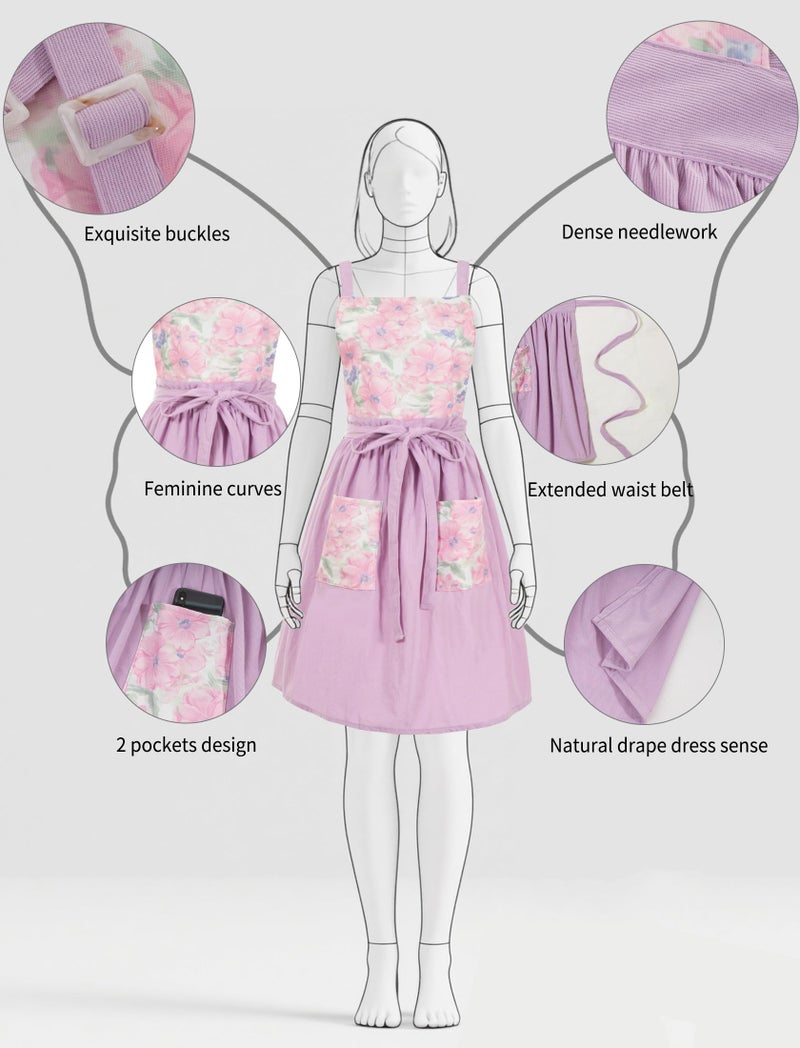 Pinknoke Vintage Pinafore Apron Dress for Women with Pockets Cute Floral Chef Aprons for Kitchen Cooking Baking Gardening (Pastel Purple) - Image 4
