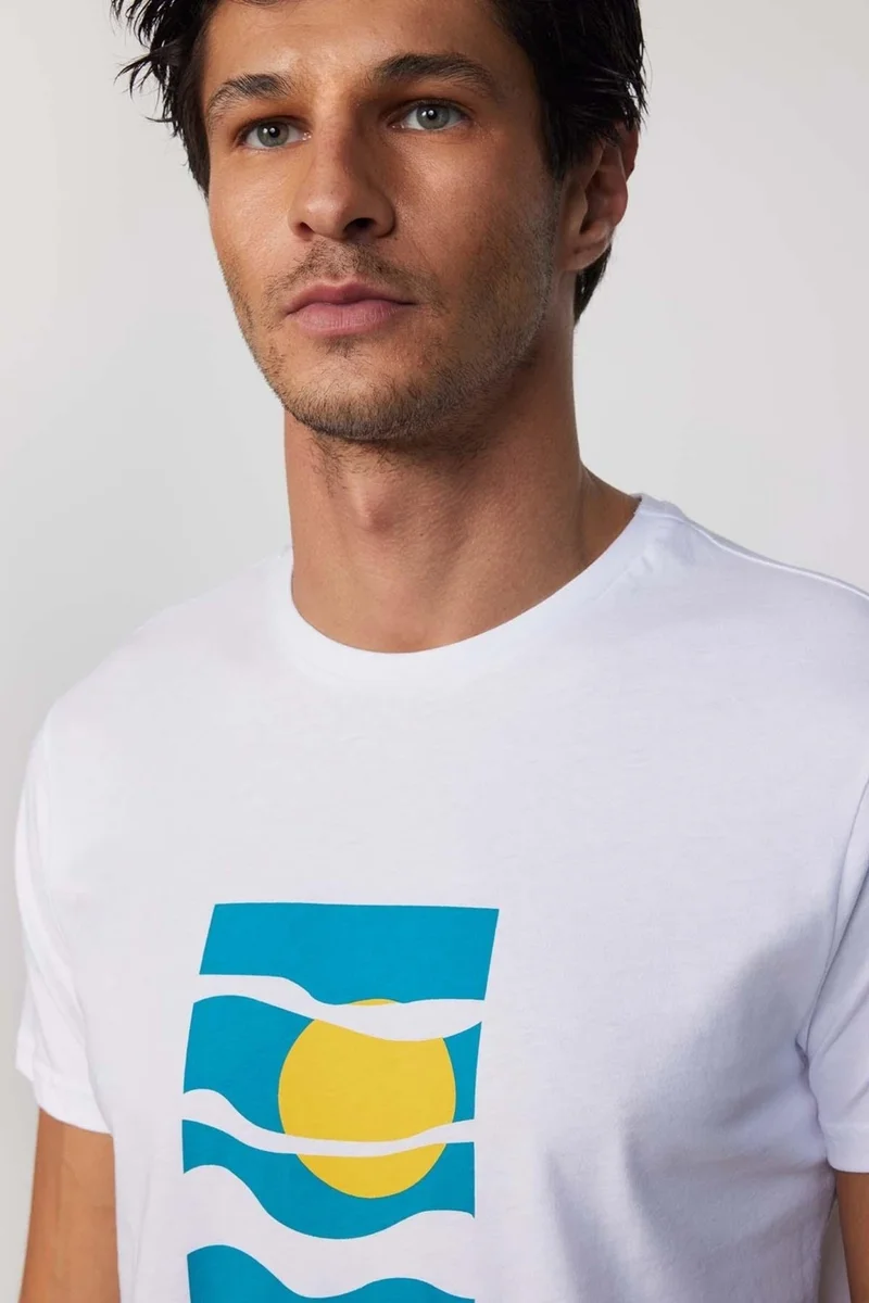 Tudors Men's Slim Fit Narrow Cut 100% Cotton Soft Textured Printed White Crew Neck T-Shirt