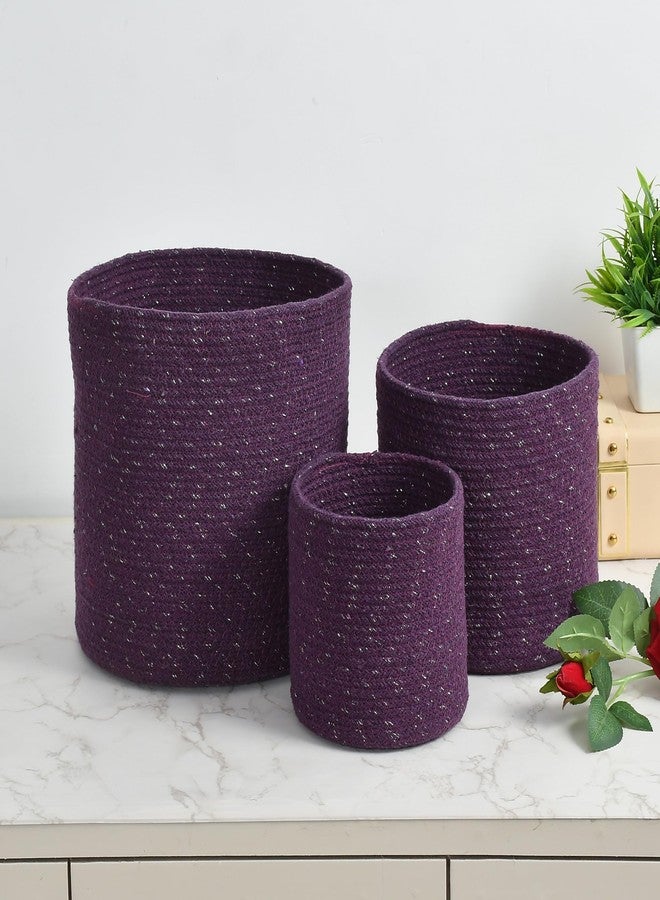 LaVichitra Braided Cotton Baskets | Storage Bins Organizer | Laundry, Toys & Planter Basket- Set of 3 (6,8,10 Inch), Silver Purple - Image 1