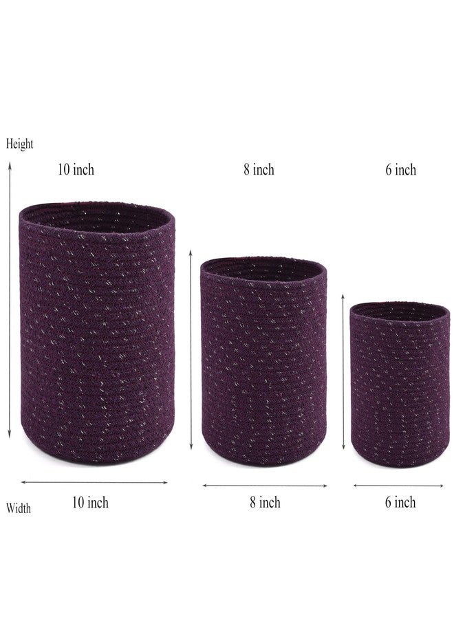 LaVichitra Braided Cotton Baskets | Storage Bins Organizer | Laundry, Toys & Planter Basket- Set of 3 (6,8,10 Inch), Silver Purple - Image 3