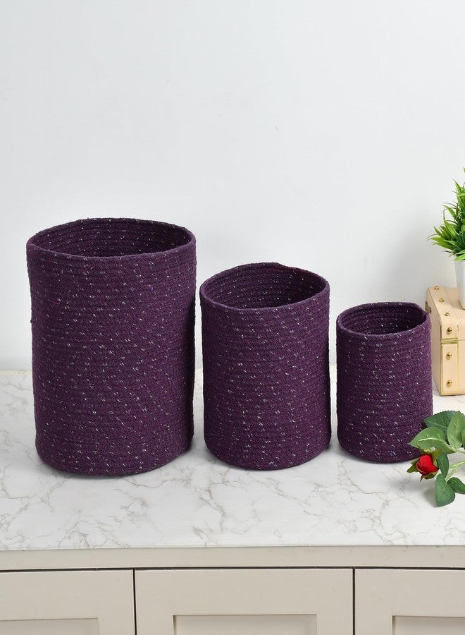 LaVichitra Braided Cotton Baskets | Storage Bins Organizer | Laundry, Toys & Planter Basket- Set of 3 (6,8,10 Inch), Silver Purple - Image 2