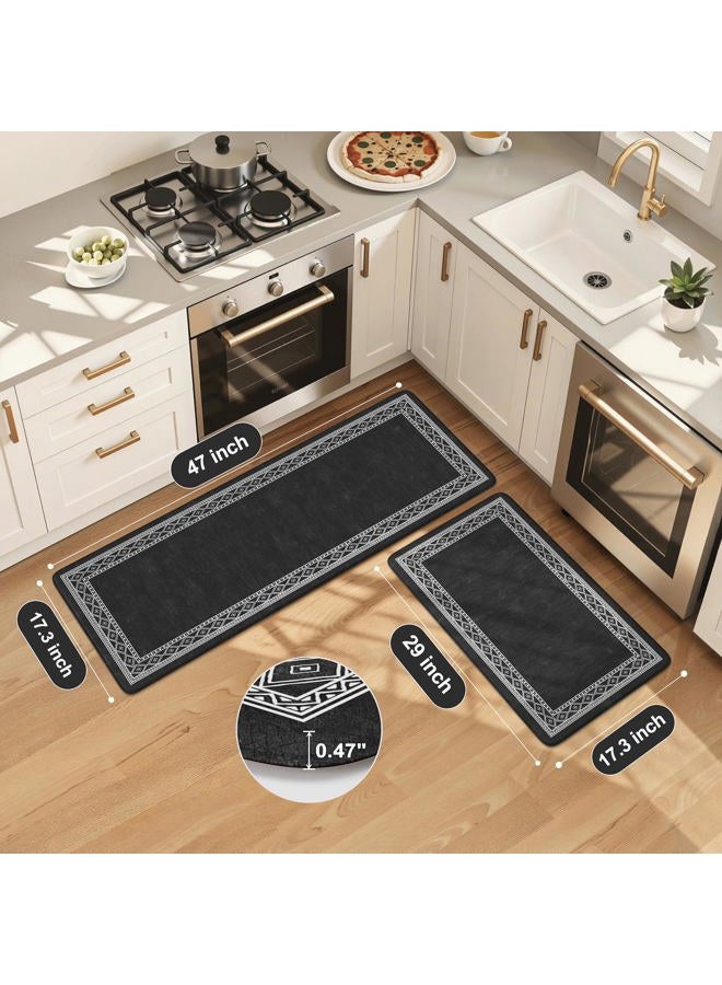 KIMODE حصائر مطبخ مضادة للإرهاق 17"x47" + 17"x29"، مجموعات سجاد مطبخ بأسلوب المزرعة من 2، حصائر مطبخ مبطنة غير قابلة للانزلاق للأرضية، حصائر مطبخ مريحة لمغسلة الغسيل والمكتب باللون الأسود - Image 2