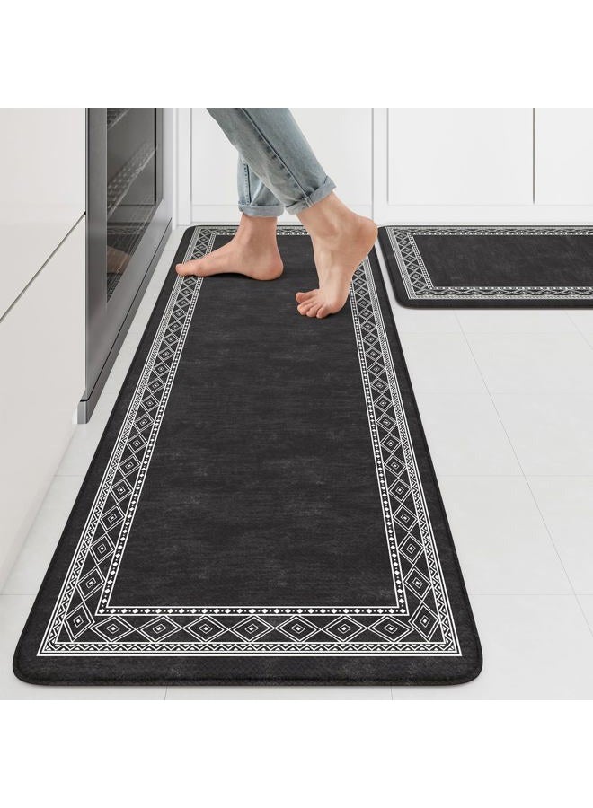 KIMODE حصائر مطبخ مضادة للإرهاق 17"x47" + 17"x29"، مجموعات سجاد مطبخ بأسلوب المزرعة من 2، حصائر مطبخ مبطنة غير قابلة للانزلاق للأرضية، حصائر مطبخ مريحة لمغسلة الغسيل والمكتب باللون الأسود - Image 1