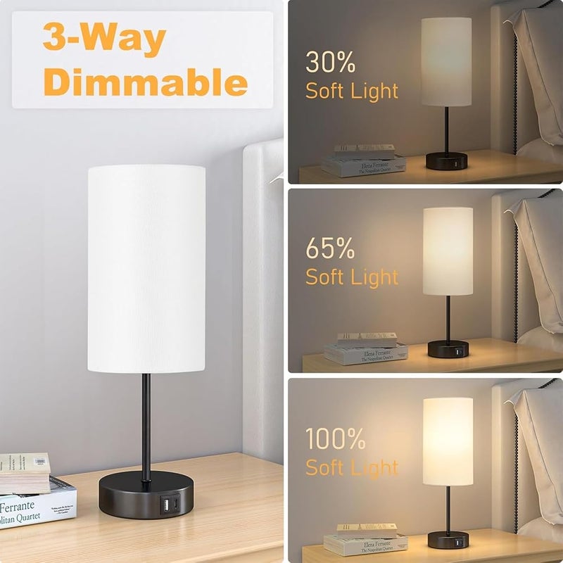 AMINAC Touch Lamp Table Lamp with USB Charging Port - 3-Level Dimmable Bedside Lamp for Bedroom, LED Desk Lamp for Home Office, Black Base White Shade (Includes LED Bulb) - Image 2