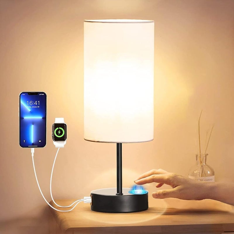 AMINAC Touch Lamp Table Lamp with USB Charging Port - 3-Level Dimmable Bedside Lamp for Bedroom, LED Desk Lamp for Home Office, Black Base White Shade (Includes LED Bulb) - Image 1