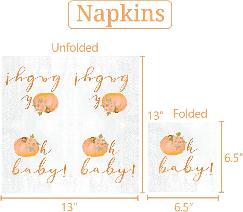 Gankbite Orange Baby Little Pumpkin Paper Napkins 6.5 x 6.5 Inches Fall Themed Baby Shower Autumn Gender Reveal Tableware Ideas 50 Pack - Image 2