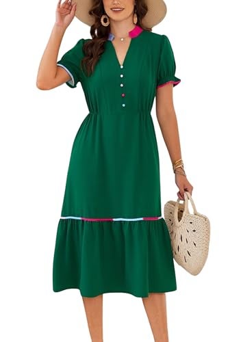 ECOWISH Womens Summer Dresses 2026 Casual Puff Short Sleeve V Neck Floral Boho Tiered Ruffle Maxi Dress with Pockets Dark Green Large - Image 1