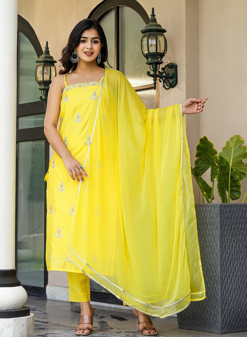 Swadesh Souq Yellow Silk Sleeveless Kurta Pant Set with Dupatta - Image 2