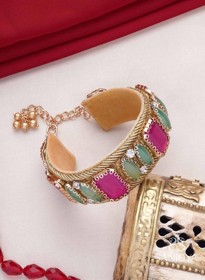 SANJOYA by EVERSTYLISH Embroidered Cuff Bracelet for Women | Handcrafted with Stones & Beads | Adjustable Ethnic & Festive Jewelry for Weddings & Parties - Image 2