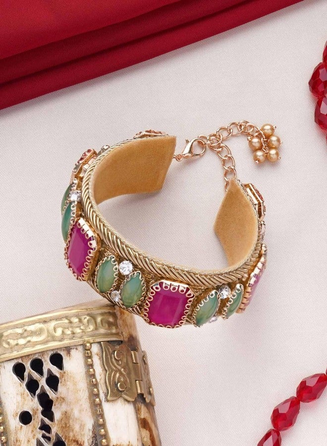 SANJOYA by EVERSTYLISH Embroidered Cuff Bracelet for Women | Handcrafted with Stones & Beads | Adjustable Ethnic & Festive Jewelry for Weddings & Parties - Image 4