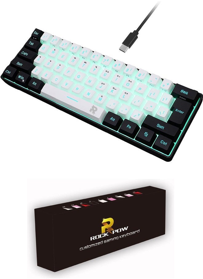 Rock Pow - 60% Wired Gaming Keyboard, RGB Backlit Ultra-Compact Mini Keyboard, Waterproof Small Compact 61 Keys Keyboard for PC/Mac Gamer, Typist, Travel, Easy to Carry on Business Trip(Black-white) - Image 1