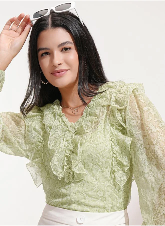 طوكيو توكيز Floral Print Ruffles Detail Balloon Sleeve Georgette Top