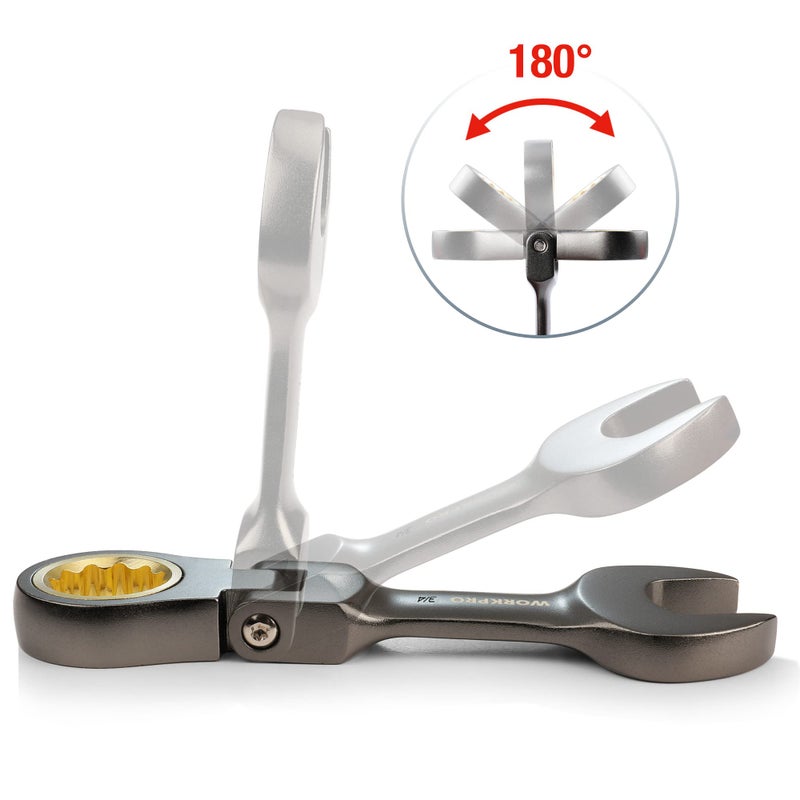 WORKPRO 8 Piece Flex Head Stubby Ratcheting Combination Wrench Set, SAE 5/16-3/4 in, 72-Teeth, CRV, Nickel Plating with Rolling Pouch - Image 3