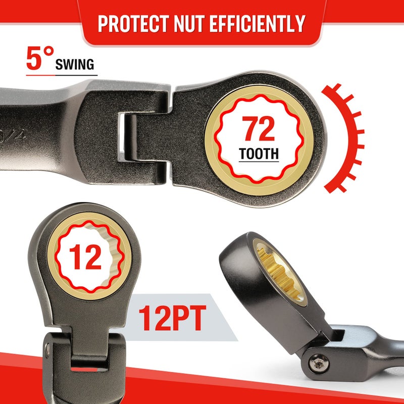 WORKPRO 8 Piece Flex Head Stubby Ratcheting Combination Wrench Set, SAE 5/16-3/4 in, 72-Teeth, CRV, Nickel Plating with Rolling Pouch - Image 4