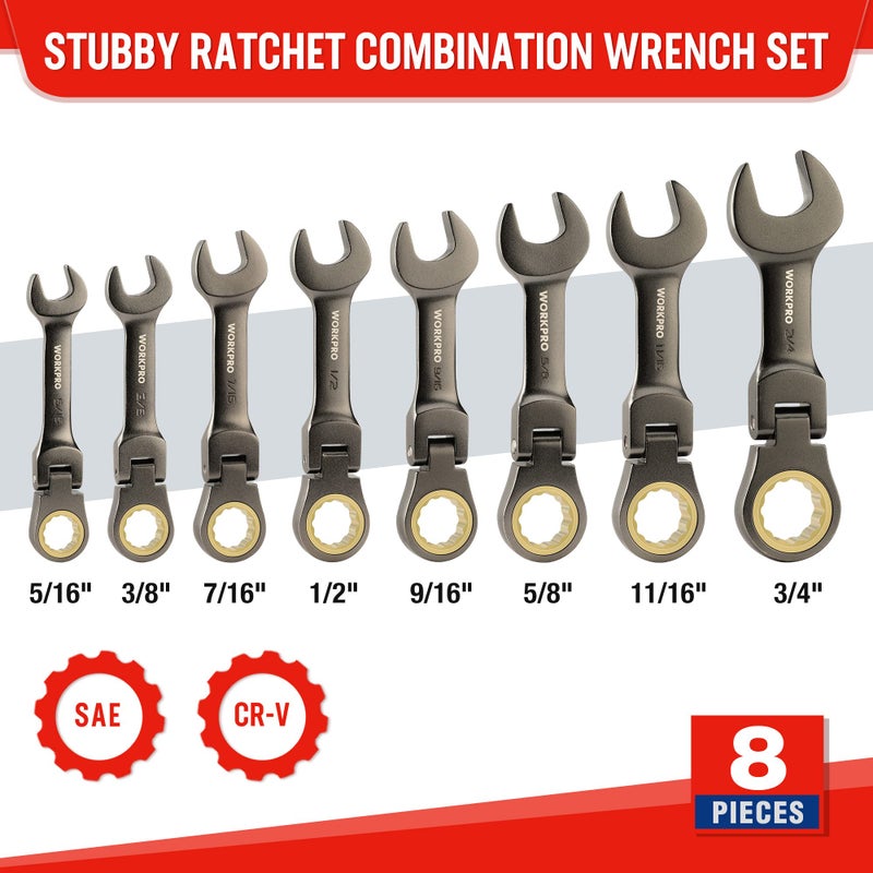 WORKPRO 8 Piece Flex Head Stubby Ratcheting Combination Wrench Set, SAE 5/16-3/4 in, 72-Teeth, CRV, Nickel Plating with Rolling Pouch - Image 2
