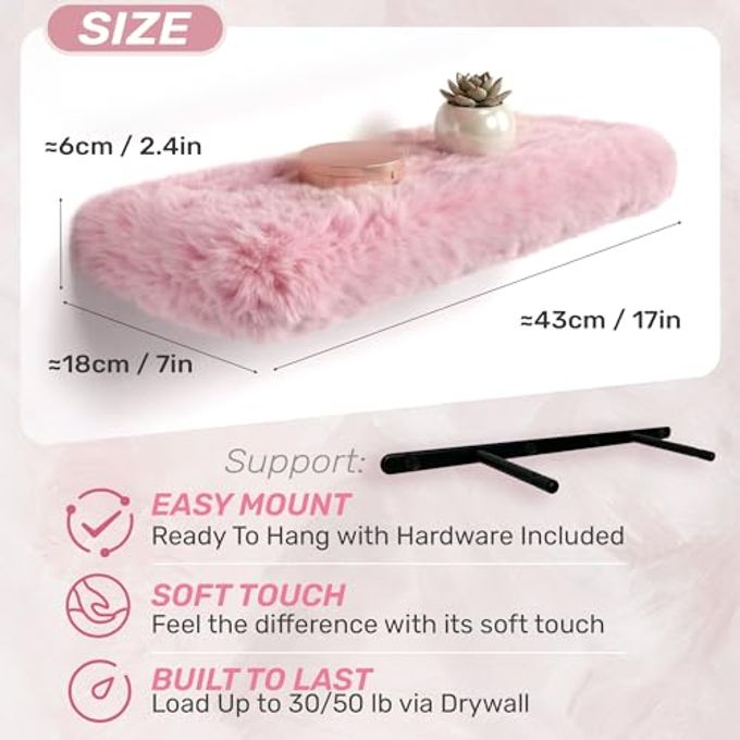 YMVV Furry Floating Shelves for Wall,2 Pack Wood Shelf with Plush Soft Shag Cover, Wall Mounted Shelves for Bedroom, Living Room, Suitable for Storing Valuable Collectibles, High Heels, Bags, Jewelry, Pink - Image 3