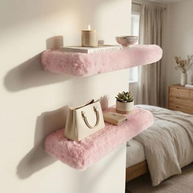YMVV Furry Floating Shelves for Wall,2 Pack Wood Shelf with Plush Soft Shag Cover, Wall Mounted Shelves for Bedroom, Living Room, Suitable for Storing Valuable Collectibles, High Heels, Bags, Jewelry, Pink - Image 5