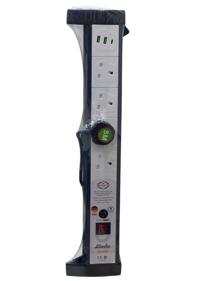 5 Meter Power Extension Cord With 13A Fuse Button And Reset Function,5meter Power Strip Has 2USB 1PD Type C & 4UK Power Socket,13A Heavy Duty Extension Lead Surge Protection Extension Socket with safety shutter for Home,Office,Travel And More (5Meter) (White And Black) - Image 1