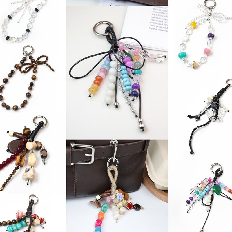 Crystal Butterfly Tiger Eye Bead Bag Charm With Ceramic Flower DIY Wallet Accessory - Image 1