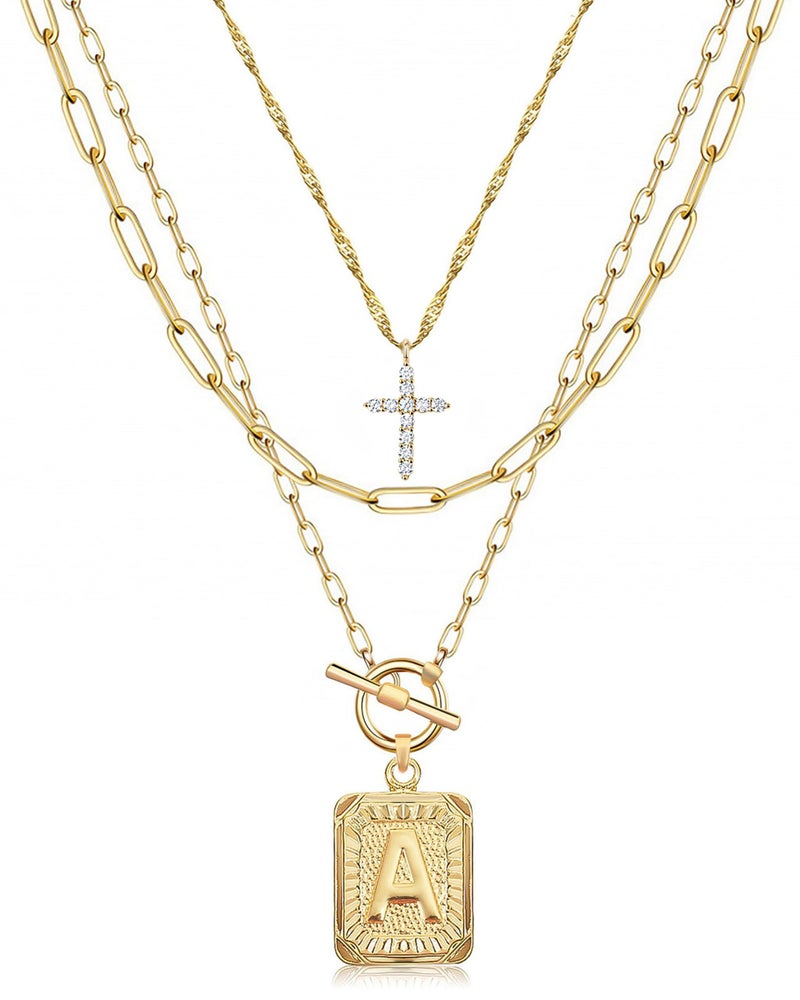 MJartoria Layered Initial Necklaces for Women Trendy, 14K Gold Plated Brass Simple Cross Choker Square Letter Pendant Necklace, Paperclip Chain Necklaces Jewelry (A., Gold) - Image 1