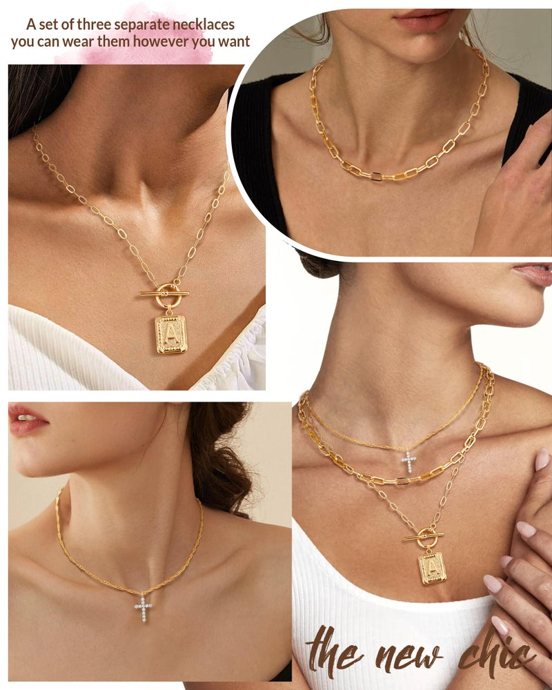 MJartoria Layered Initial Necklaces for Women Trendy, 14K Gold Plated Brass Simple Cross Choker Square Letter Pendant Necklace, Paperclip Chain Necklaces Jewelry (A., Gold) - Image 3