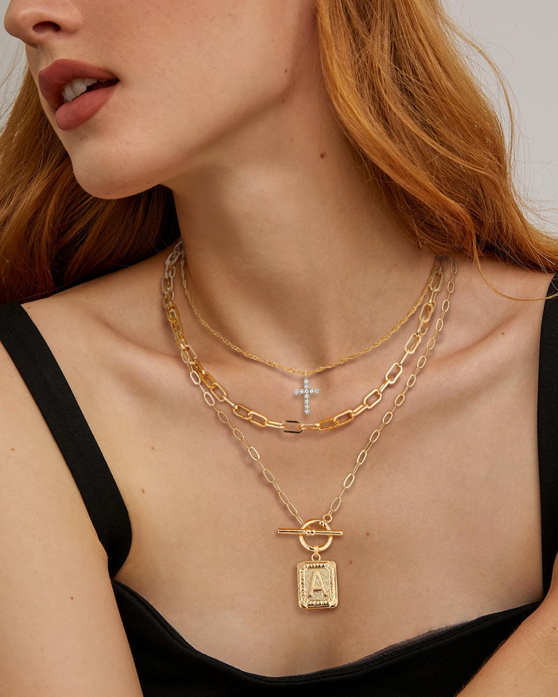 MJartoria Layered Initial Necklaces for Women Trendy, 14K Gold Plated Brass Simple Cross Choker Square Letter Pendant Necklace, Paperclip Chain Necklaces Jewelry (A., Gold) - Image 2