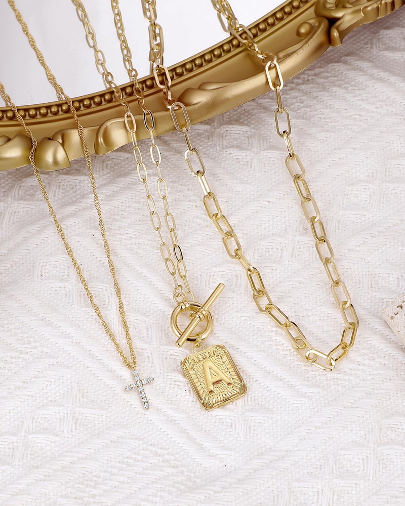 MJartoria Layered Initial Necklaces for Women Trendy, 14K Gold Plated Brass Simple Cross Choker Square Letter Pendant Necklace, Paperclip Chain Necklaces Jewelry (A., Gold) - Image 4