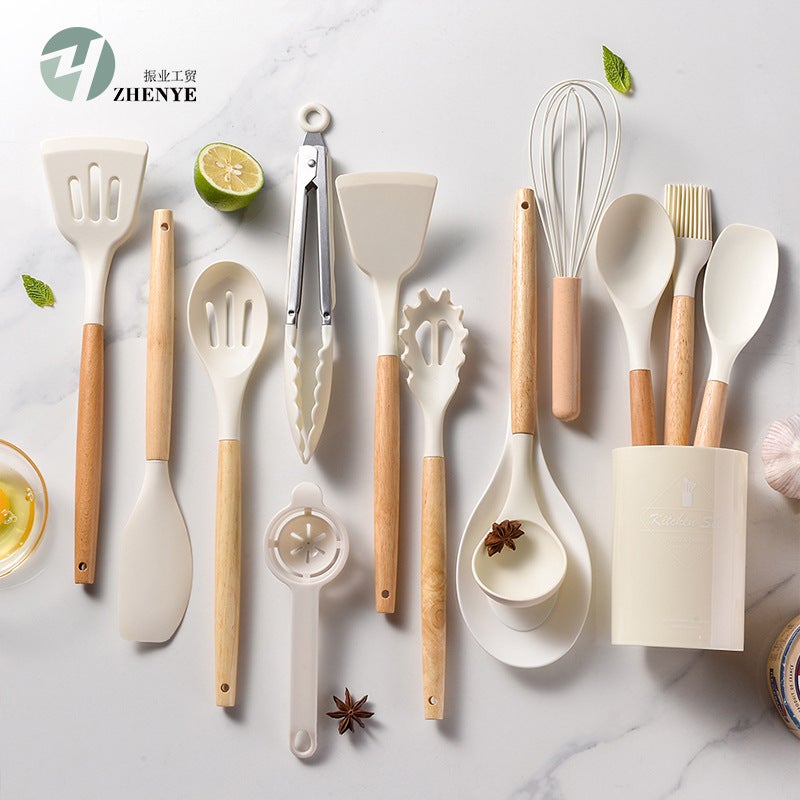 Light Version 750G Silicone Kitchenware Set Wooden Handle 14 Piece Set Kitchen Tools Cooking Spatula Set 14 Piece Set - Image 2