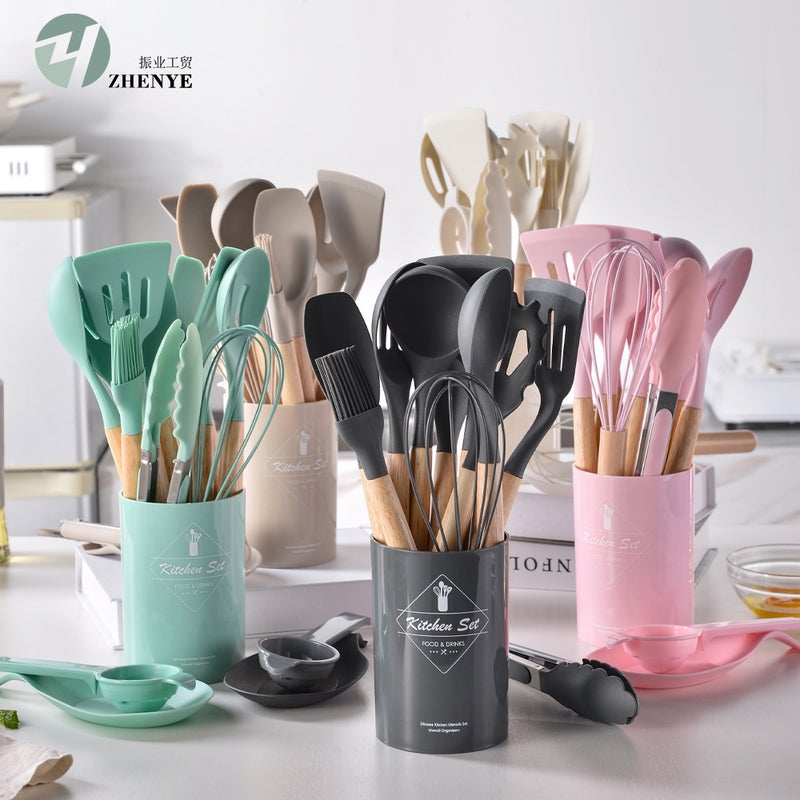 Light Version 750G Silicone Kitchenware Set Wooden Handle 14 Piece Set Kitchen Tools Cooking Spatula Set 14 Piece Set - Image 3