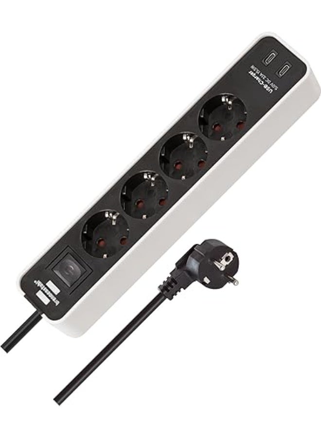 4-Port Power Strip Combo with USB Charging Port (Power strip with 2 USB-C ports, power switch, and 1.5m cable) White/Black