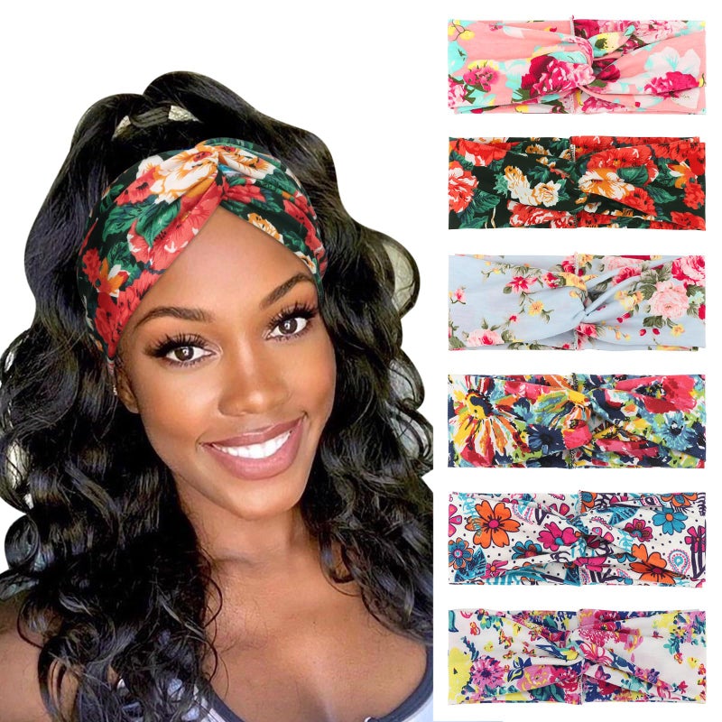 DRESHOW 6 Pack Boho Non-Slip Headbands for Women Girls Yoga Workout Running Knotted Turban Floral Printed Elastic Head Wrap - Image 1