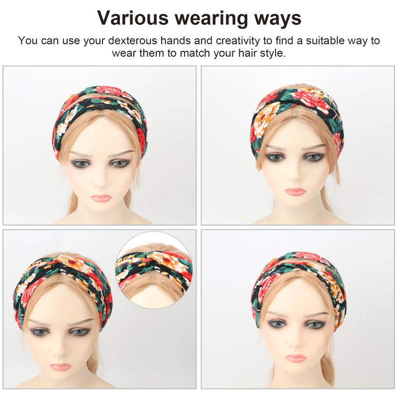 DRESHOW 6 Pack Boho Non-Slip Headbands for Women Girls Yoga Workout Running Knotted Turban Floral Printed Elastic Head Wrap - Image 5