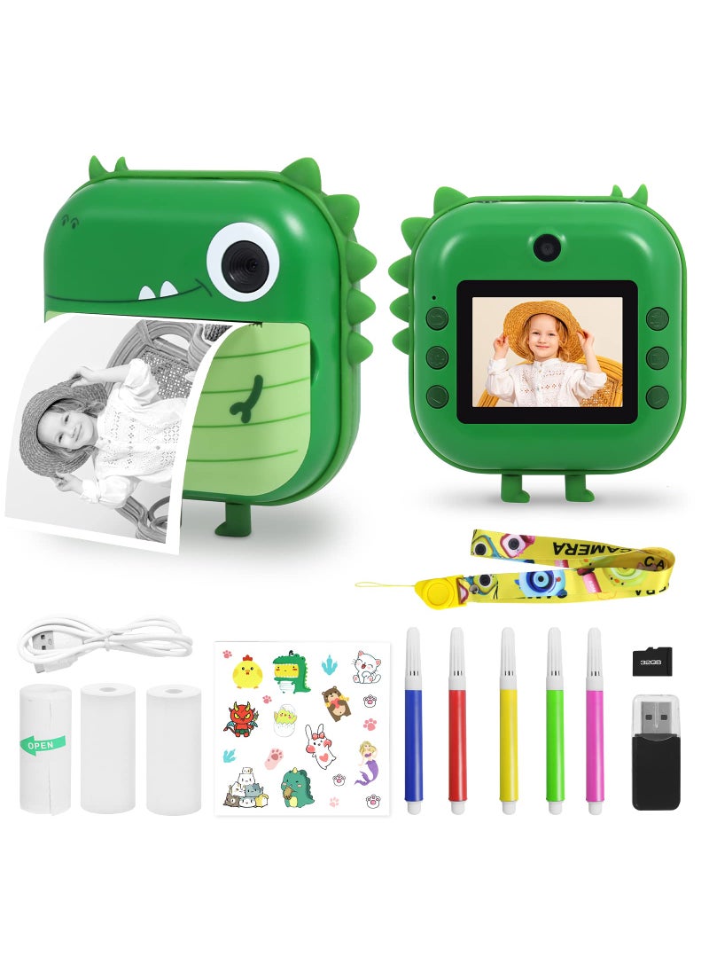 AURTEC AURTEC Instant Camera for Kids, Mini Thermal Printing Camera, No Ink Required, 48MP Dual Camera,1080P HD Video, 32G TF Card, 3 Print Paper, 2.4 Inch Color Screen, Cute Animal Cartoon Design, Dinosaur  - Image 1