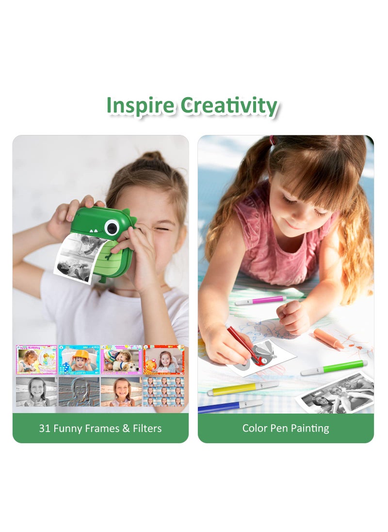 AURTEC AURTEC Instant Camera for Kids, Mini Thermal Printing Camera, No Ink Required, 48MP Dual Camera,1080P HD Video, 32G TF Card, 3 Print Paper, 2.4 Inch Color Screen, Cute Animal Cartoon Design, Dinosaur  - Image 5