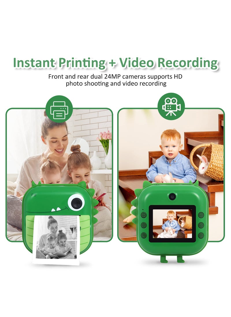 AURTEC AURTEC Instant Camera for Kids, Mini Thermal Printing Camera, No Ink Required, 48MP Dual Camera,1080P HD Video, 32G TF Card, 3 Print Paper, 2.4 Inch Color Screen, Cute Animal Cartoon Design, Dinosaur  - Image 2