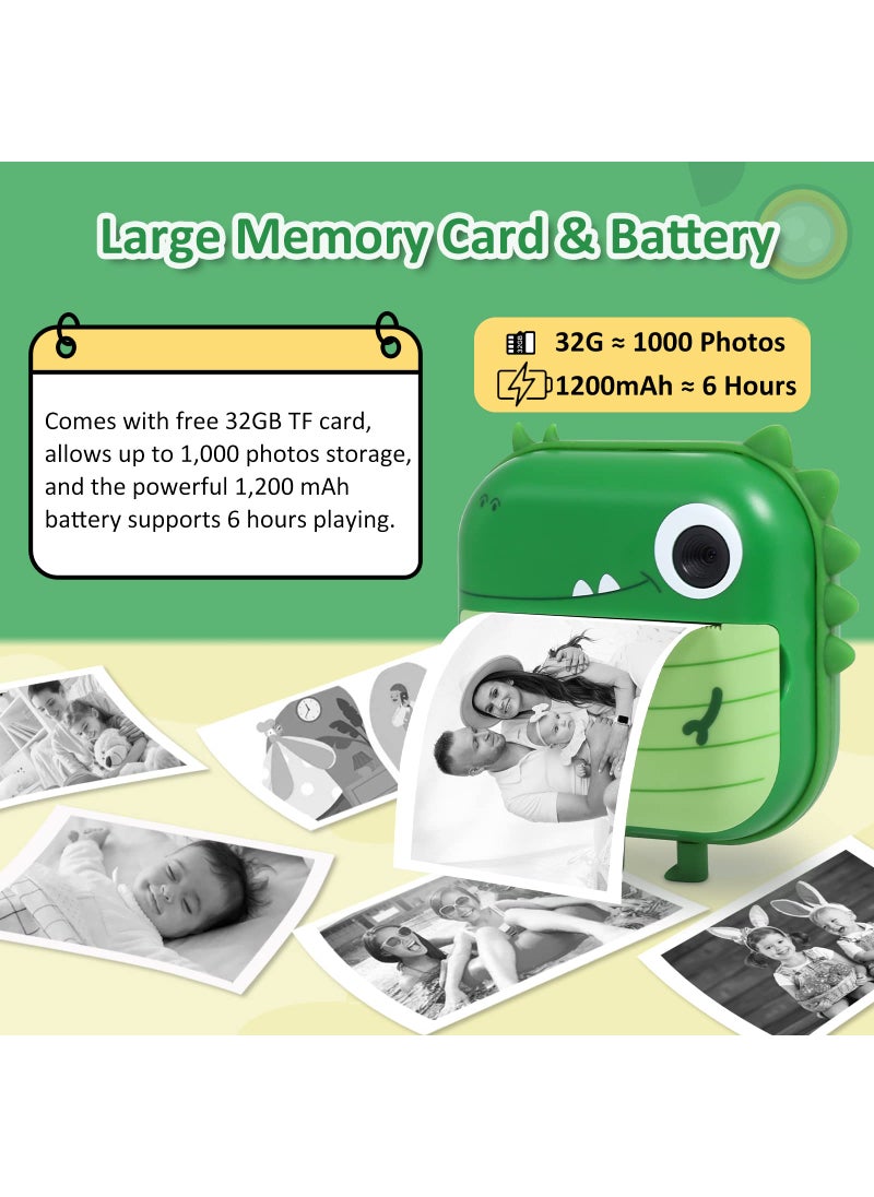 AURTEC AURTEC Instant Camera for Kids, Mini Thermal Printing Camera, No Ink Required, 48MP Dual Camera,1080P HD Video, 32G TF Card, 3 Print Paper, 2.4 Inch Color Screen, Cute Animal Cartoon Design, Dinosaur  - Image 3