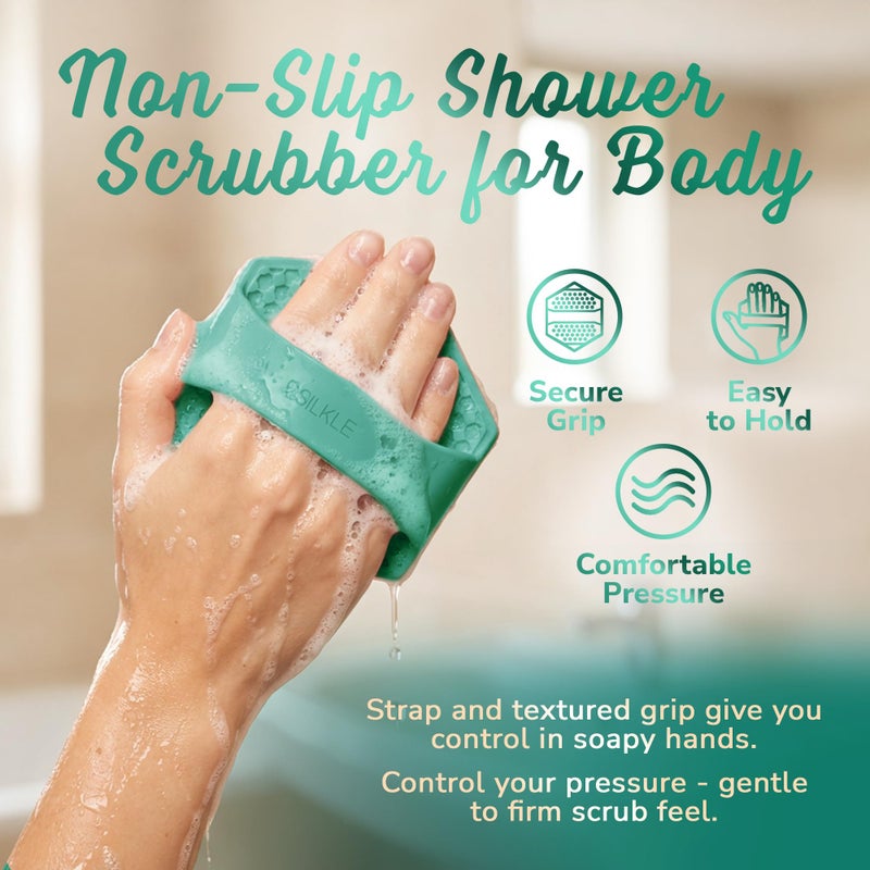 SILKLE Silicone Body Scrubber â€“ Gentle Exfoliating Shower Scrubber for Body & Bath, Silicone Shower Brush & Loofah Alternative â€“ Non-Slip Silicone Body Brush, Quick Dry, Hygienic - Green - Image 4