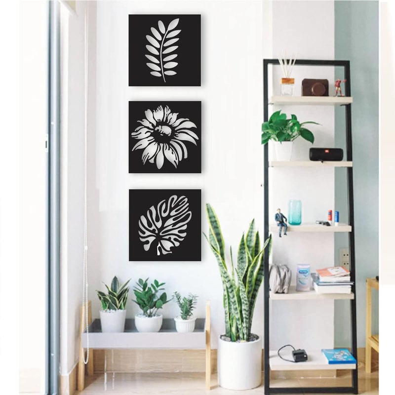 300Sparkles 3 Pcs Set Leaf Pattern Square Design Wooden Wall Decor Hangings Home Decorative Gifts Item Living Room Bed Room Dinning Area Decoration Black - Image 3