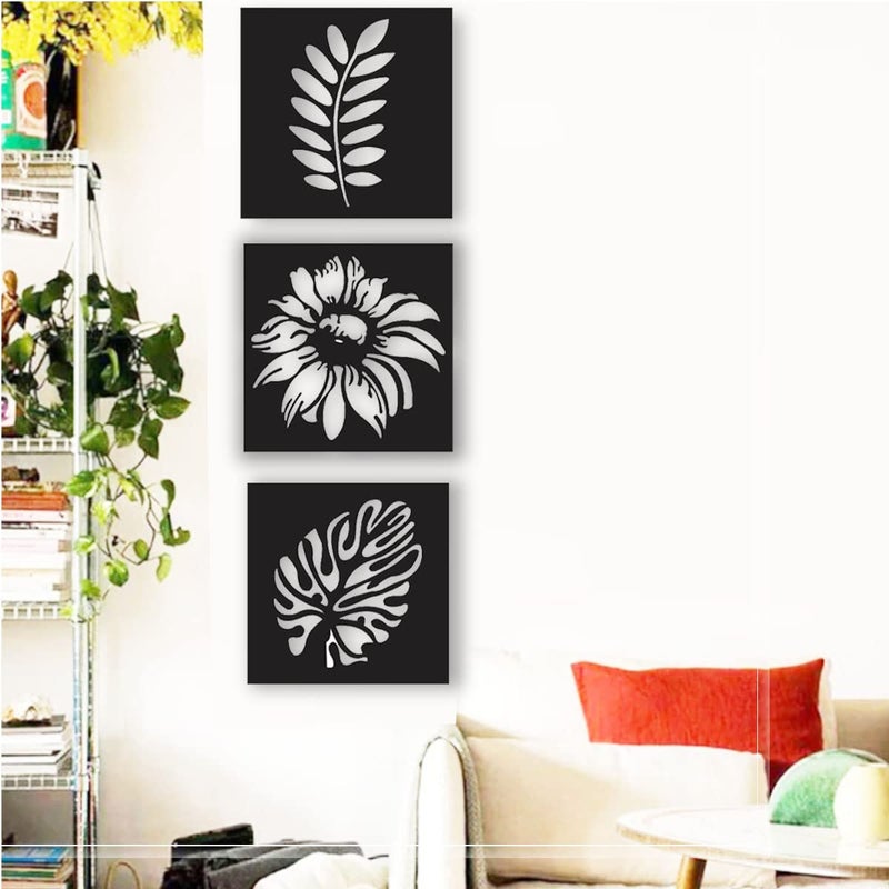 300Sparkles 3 Pcs Set Leaf Pattern Square Design Wooden Wall Decor Hangings Home Decorative Gifts Item Living Room Bed Room Dinning Area Decoration Black - Image 1