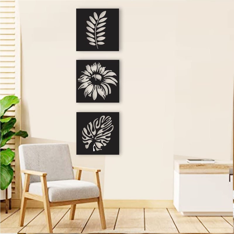 300Sparkles 3 Pcs Set Leaf Pattern Square Design Wooden Wall Decor Hangings Home Decorative Gifts Item Living Room Bed Room Dinning Area Decoration Black - Image 5