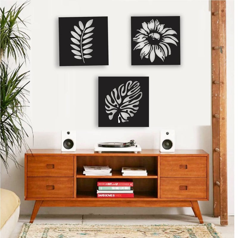 300Sparkles 3 Pcs Set Leaf Pattern Square Design Wooden Wall Decor Hangings Home Decorative Gifts Item Living Room Bed Room Dinning Area Decoration Black - Image 4