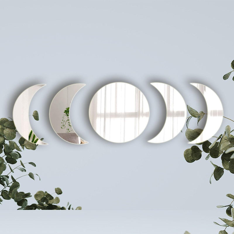 Aooyaoo 5 Pieces Acrylic Mirror Wall Stickers Natural Wall Decor Self Adhesive Mirrors Stickers Moon Phase Mirror Bohemian Wall Decoration for Home Living Room Bathroom Bedroom Decor 15cm
