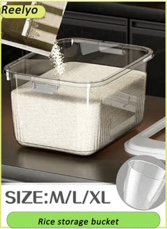 Reelyo Rice Bucket, Clear Plastic Grain Bucket with Measuring Cup, Sealed Household Grain Storage Bucket Transparent Square Rice Storage Box Kitchen Rice Bucket Grain Cereal Dispenser Sealed Storage Box with Lid  - Image 1