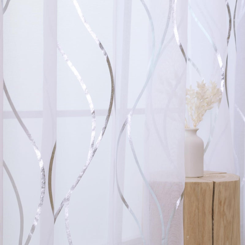 L.Z.E White and Silver Sheer Curtains for Living Room  See Through White Sheer Curtains 84 Inches Long 2 Panels Set  Grommet Transparent Curtains with Elegant Wave Patterns (54"" W x 84"" L) - Image 3