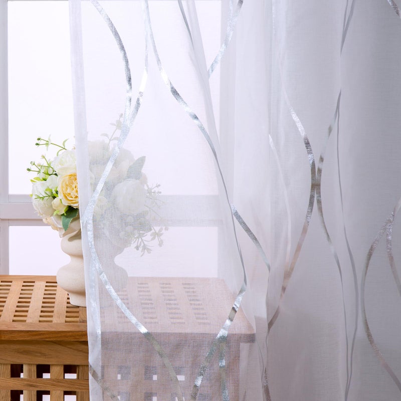 L.Z.E White and Silver Sheer Curtains for Living Room  See Through White Sheer Curtains 84 Inches Long 2 Panels Set  Grommet Transparent Curtains with Elegant Wave Patterns (54"" W x 84"" L) - Image 4