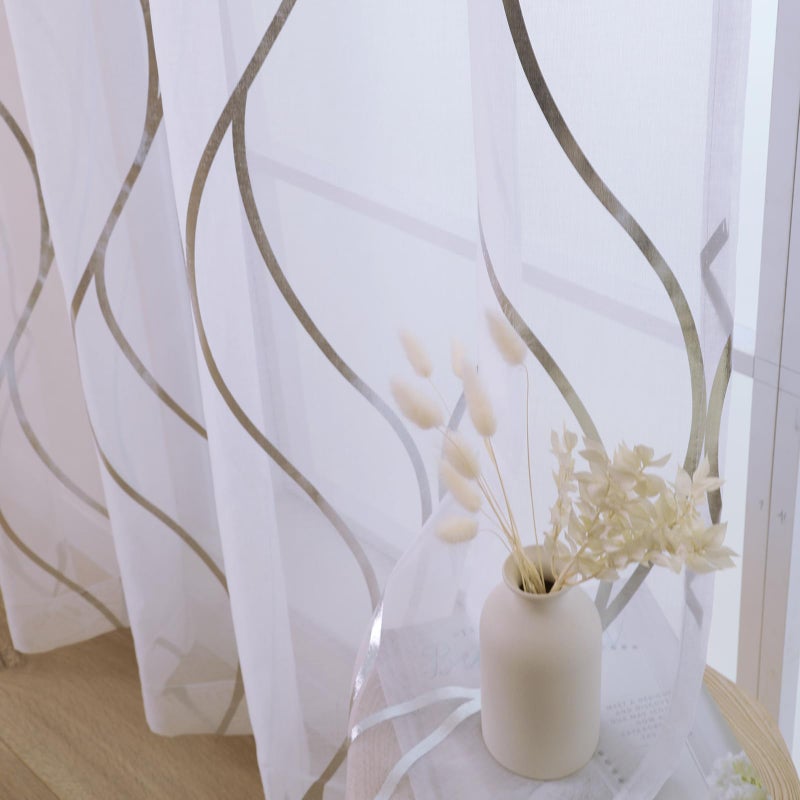 L.Z.E White and Silver Sheer Curtains for Living Room  See Through White Sheer Curtains 84 Inches Long 2 Panels Set  Grommet Transparent Curtains with Elegant Wave Patterns (54"" W x 84"" L) - Image 5