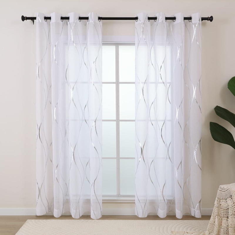 L.Z.E White and Silver Sheer Curtains for Living Room  See Through White Sheer Curtains 84 Inches Long 2 Panels Set  Grommet Transparent Curtains with Elegant Wave Patterns (54"" W x 84"" L) - Image 1